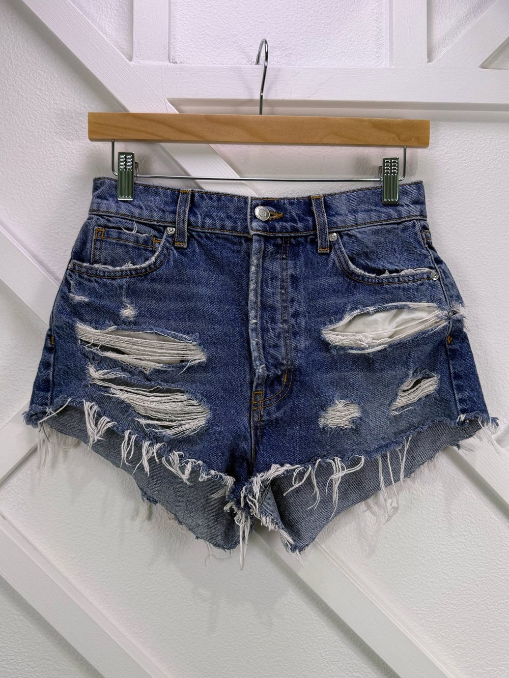 Revice Denim High Rise Distressed Cutoff Jean Shorts Button Fly Size 27 USA